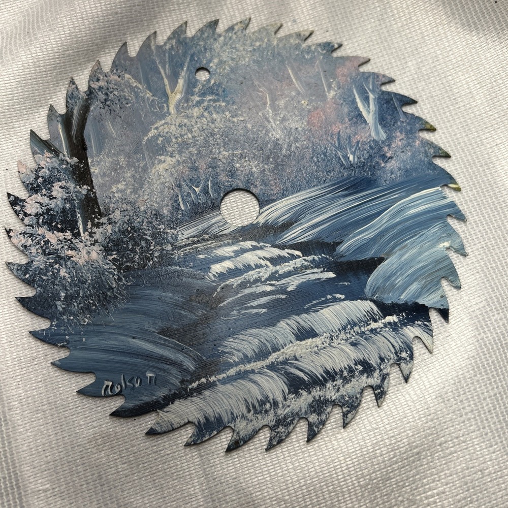 Hand painted Winter Scene Small Waterfalls 7 1/4 Inch Saw blade Artist Signed